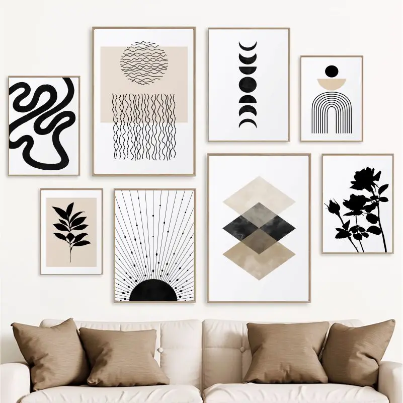 1PC--Black Beige Abstract Artwork Mid Century Poster Modern Wall Art Neutral Gallery Geometric Canvas Painting Room Mural Hom