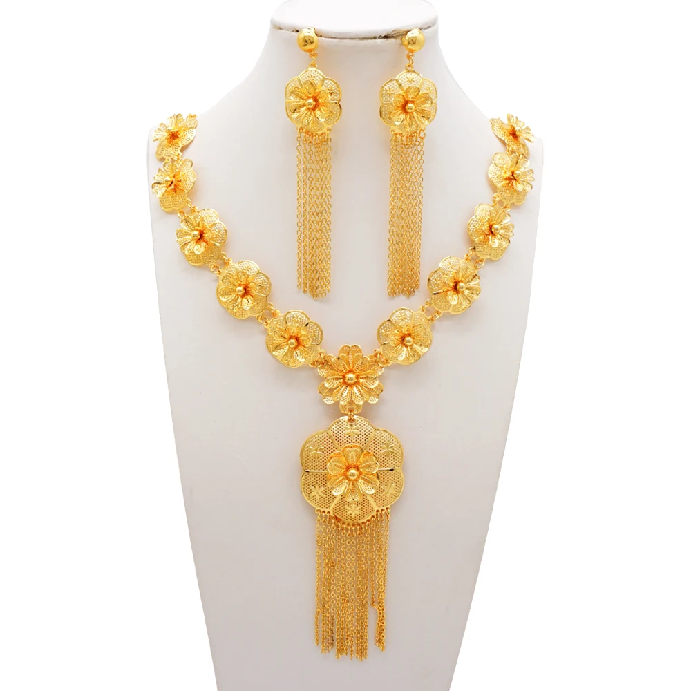 Dubai Nigeria Necklace And Earing Sets Tassel Necklace Earrings For Women Gold Colour Jewelry Sets Anniversary Accessories Gift