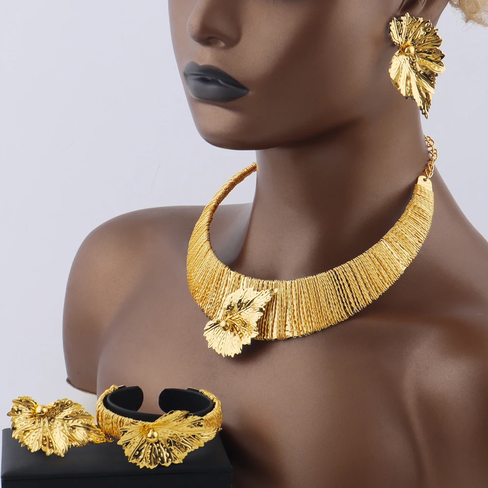 

Dubai Women Jewelry Set Leaf Earrings Thick Collar Necklace Bangle Ring Cuba Gold Color Jewelry Gift For Wedding Accessory