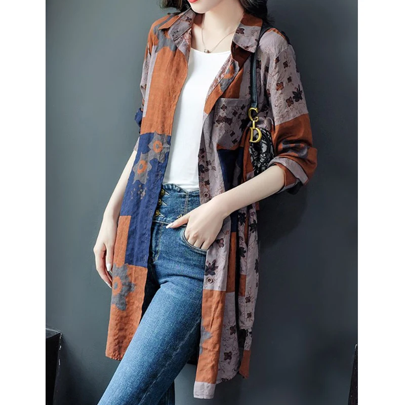 Frauen Kleidung Koreanische Vintage Print Baumwolle Leinen Einreiher Hemd Herbst Lange Hülse Lose Bluse Y2K Streetwear Tunika Tops