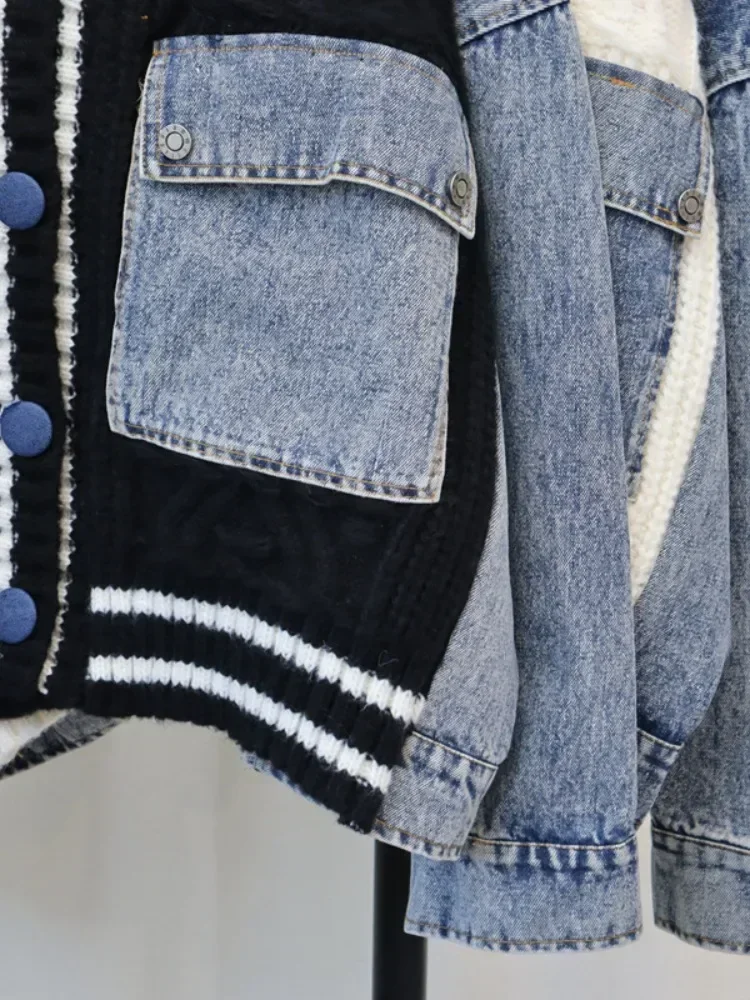 Contrast DENIMแจ็คเก็ตVคอแขนยาว,2024 ใหม่หลวมผู้หญิงเสื้อสเวตเตอร์ถักฤดูใบไม้ร่วงและฤดูหนาวเสื้อคู่