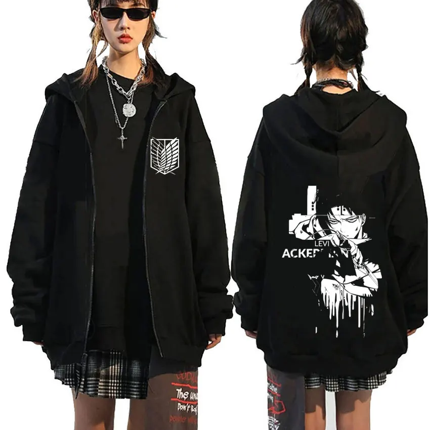 

Anime Attack on Titan Levi Ackerman Zipper Hoodie Men Women Manga Oversized Zip Up Jakcet Coat Men's Fashion Vintage Streetwear