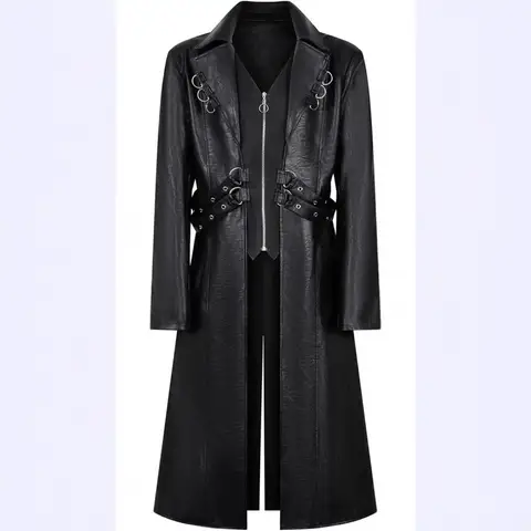 Men's Medieval Long PU Leather Motorcycle Jacket Zipper Role-playing Class Coat Vintage Style Mid-Length Biker Vest