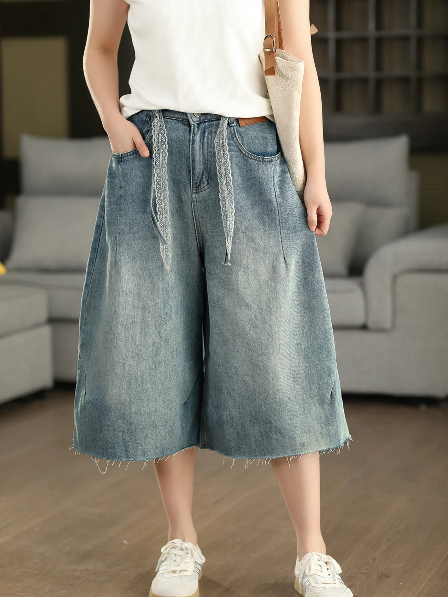 

Женские джинсовые брюки-кюлоты с эффектом потертости, с художественным кружевом и шнурком, летние, свободные, утягивающие, длиной 7/8, с высокой талией