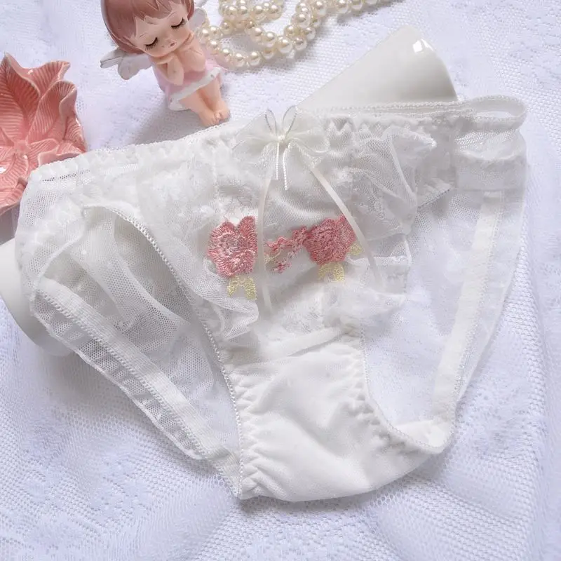 Girls Summer Lace Embroidered Big Flower Princess Sexy Maidens Panties Soft Transparent Knicker Mid-Waisted Naughty Cute Briefs