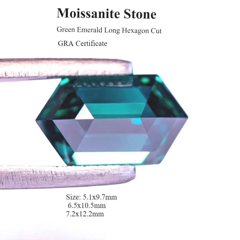 

Green Emerald Color Wholesale Moissanite Stone Long Hexagon Cut Natural DIY Advanced Charms Jewelry Rings Earrings Making