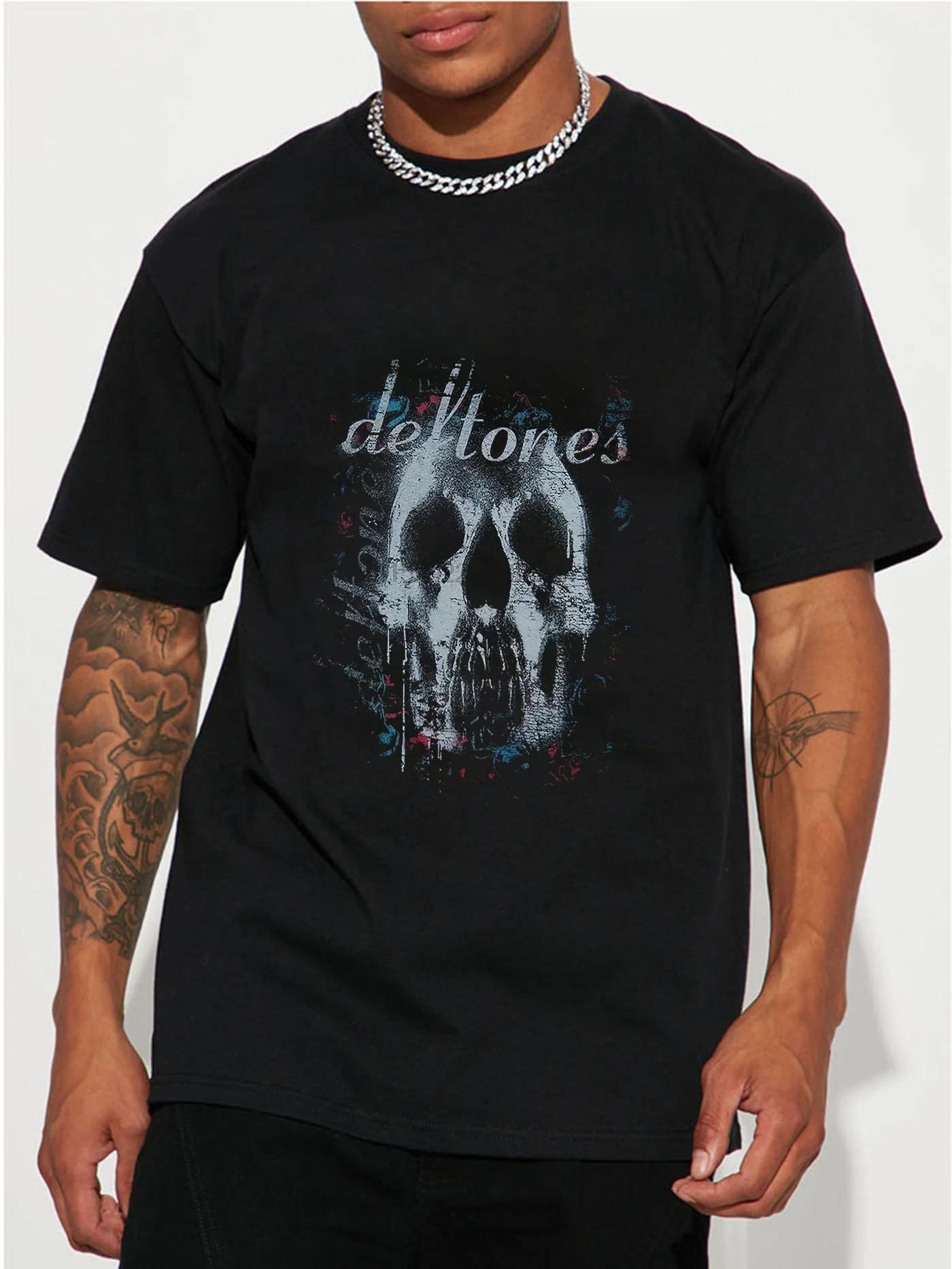 

[Del Jones Skull Tee] Del Jones Men's Skull Graphic T-Shirt | Casual Black Cotton Tee with Watercolor Design, Short Sleeve