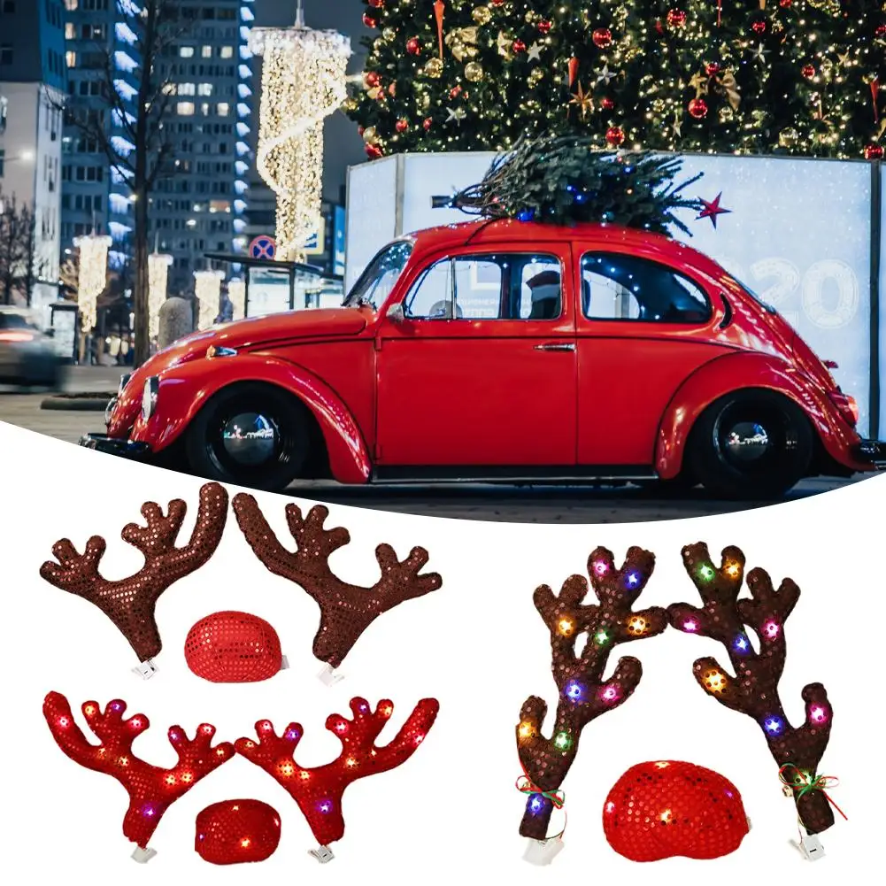 LED Reindeer Decoration Rudolph Christmas Reindeer Nose & Reindeer Christmas Car Decorations Vehicle Antlers Kit Antlers Se S4S7