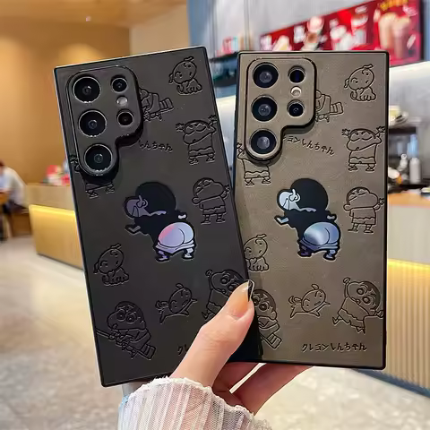 Cartoon Crayon Shin-chan Leather Texture Laser Phone Case For Samsung Galaxy S25 S24 S23 S22 S21 Ultra Plus Shockproof Cover