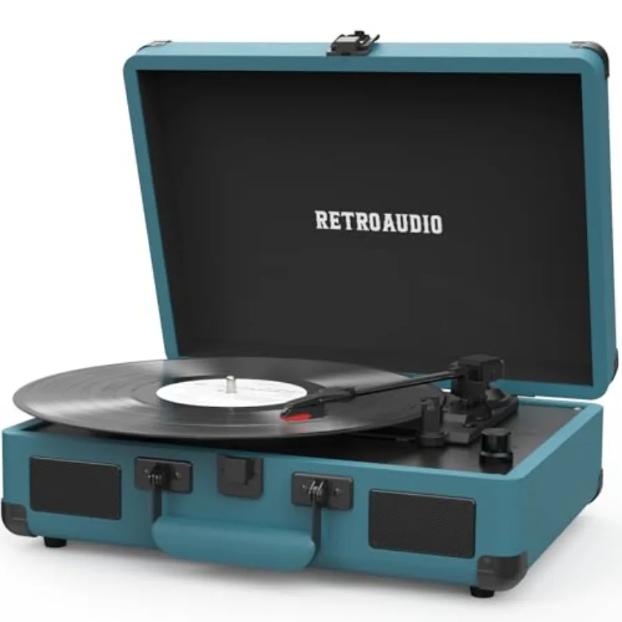 

Portable Vinyl Record Player 3 Speed Bluetooth Belt-Driven Vintage Turntable with 2 Built-in Stereo Speakers Smoke Blue Color R