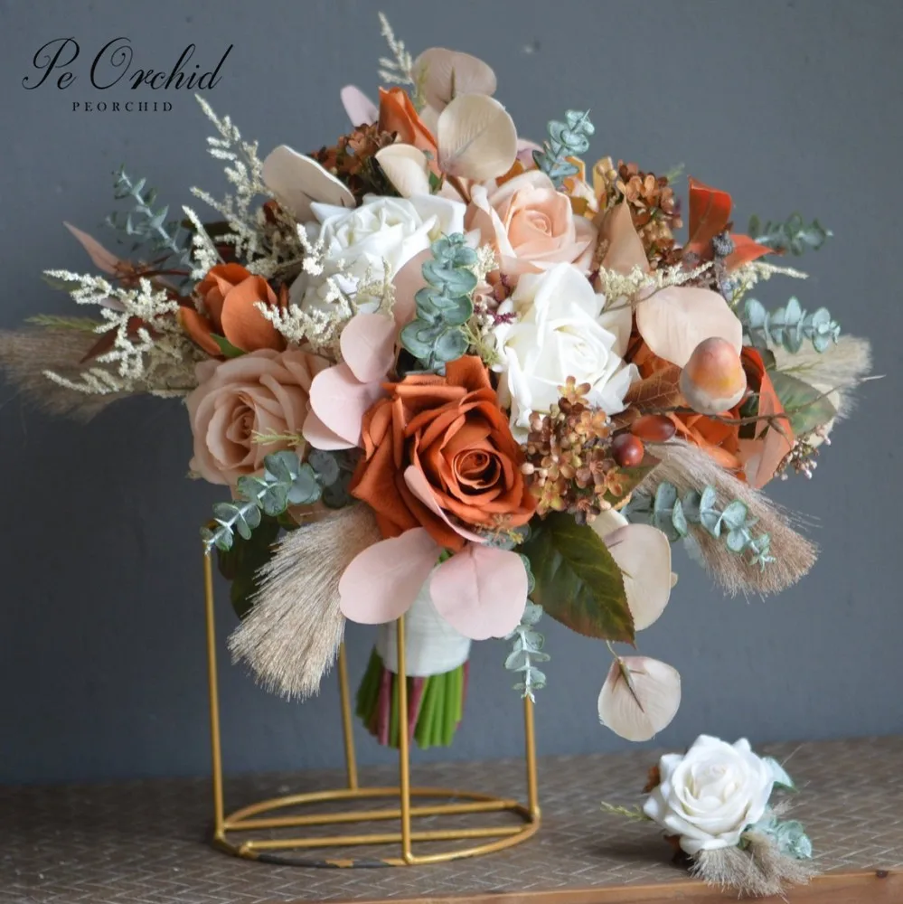 PEORCHID-Boho Bridal Bouquet, Flores Artificiais, Rosas Real Touch, Ferrugem Laranja, Outono, Casamento, Damas de honra