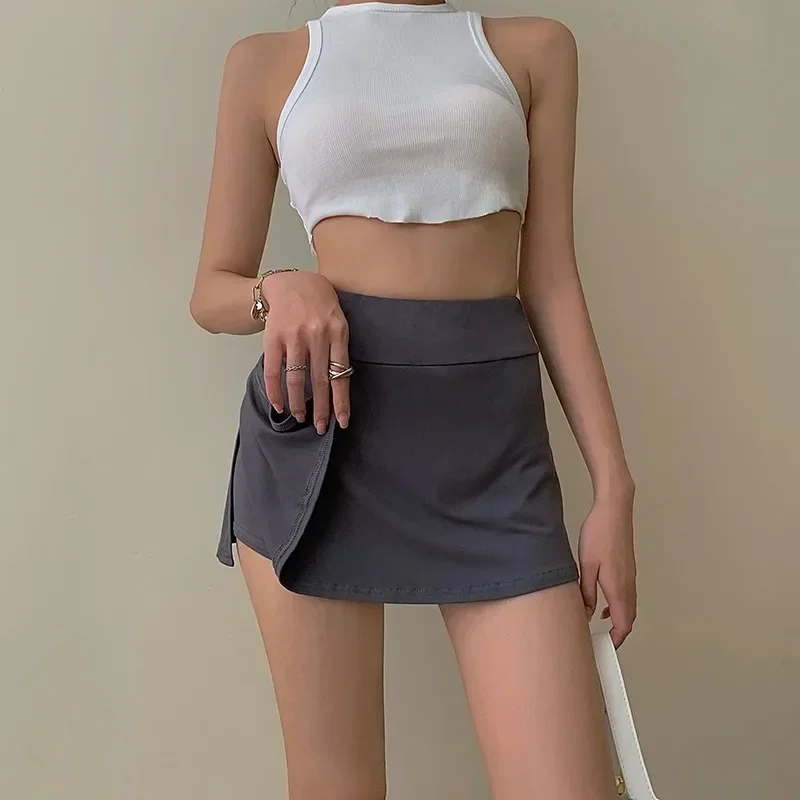 Gothic Y2k Dark Mini Skirt Korean Fashion Casual Skirt 90s Vinatge Summer Irregular Split High Waist Elastic Sports Skirt Women