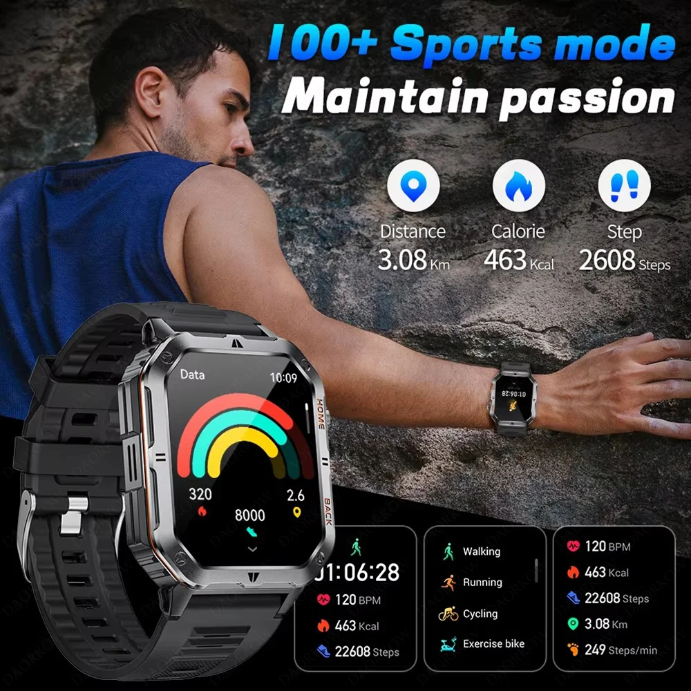 Eine 2,01-Zoll-Smartwatch für Herren, 1000-mAh-Akku-Taschenlampe, über 100 Übungsherzfrequenz, Bluetooth-Anruf-Smartwatch für iOS und Android