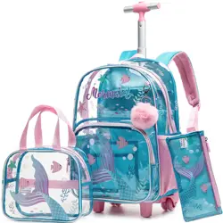 Mermaid Rolling Backpack for Girls Backpack with Wheels for Elementary Kindergarten Roller Backpack on Wheels with Lunch Box