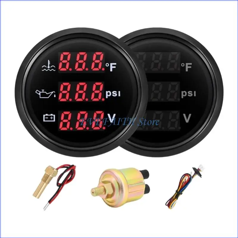 

124B 3 In 1 Digital Oil Pressure Water Temperature Gauge For Car And Motorcycles Real Time Data Reading Alloy Housing