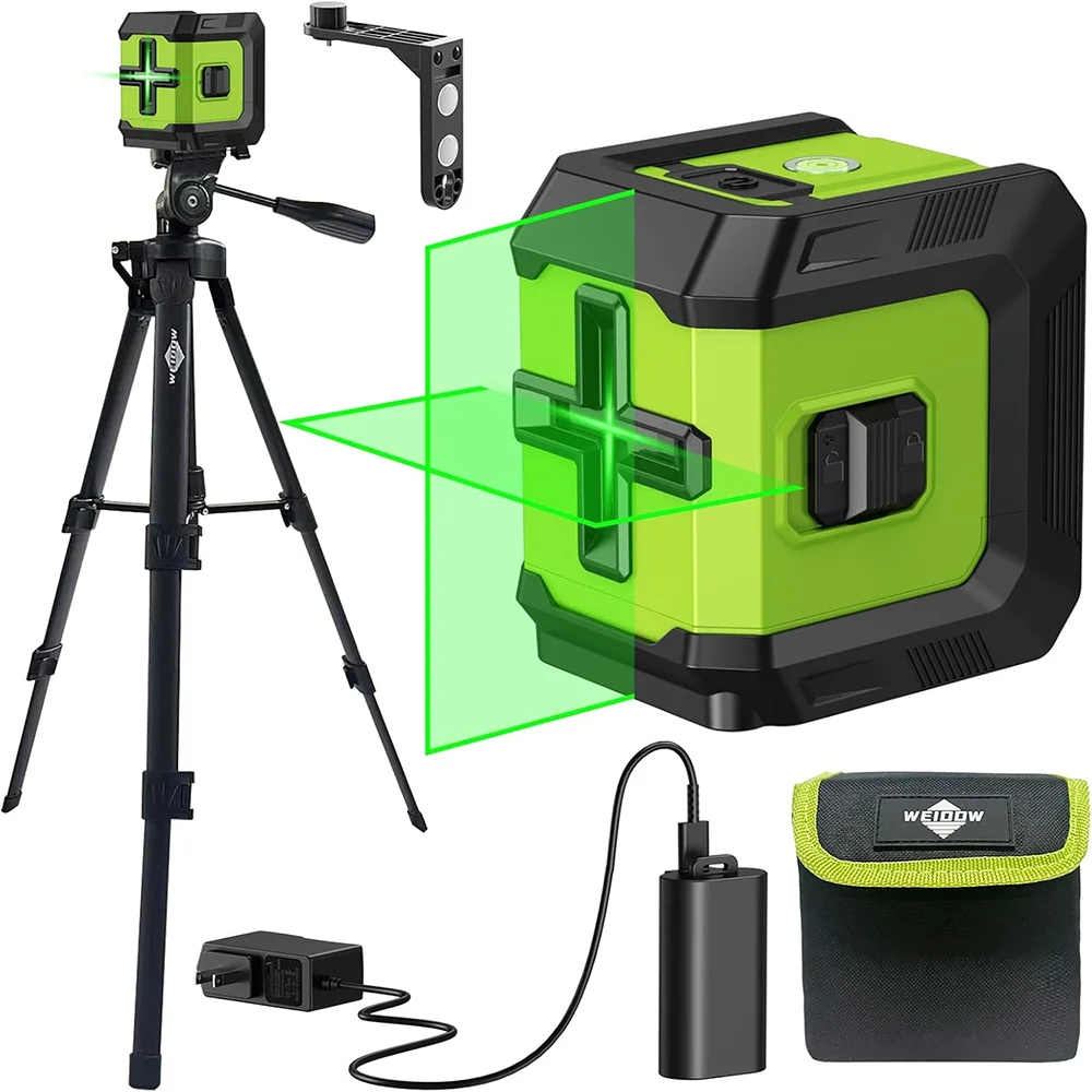 Weiddw 2 Lines Professional Laser Level with Tripod 360°Self Leveling Cross Green Line Horizontal and vertical Laser Level Tools