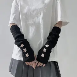 Warm Winter Gloves Lolita Style Fingerless Knitted Star Patchwork Women Gloves for Girl Streetwear Jk Party Arm Sleeves Warm