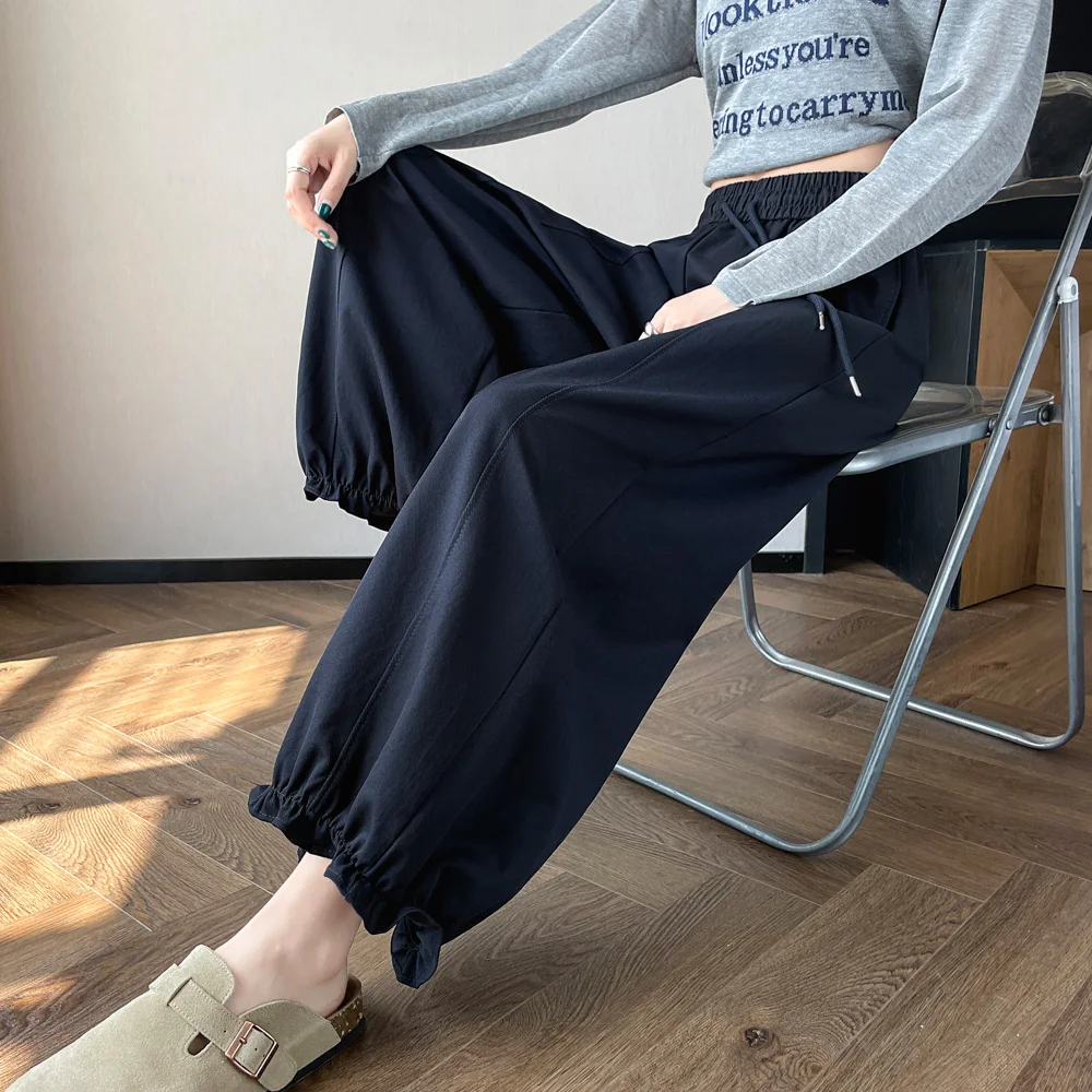 عارضة Dstring تسعة عشرات فانوس السراويل النساء فضفاضة واسعة الساق الترفيه السراويل Musoom الدانتيل مطاطا Waisand