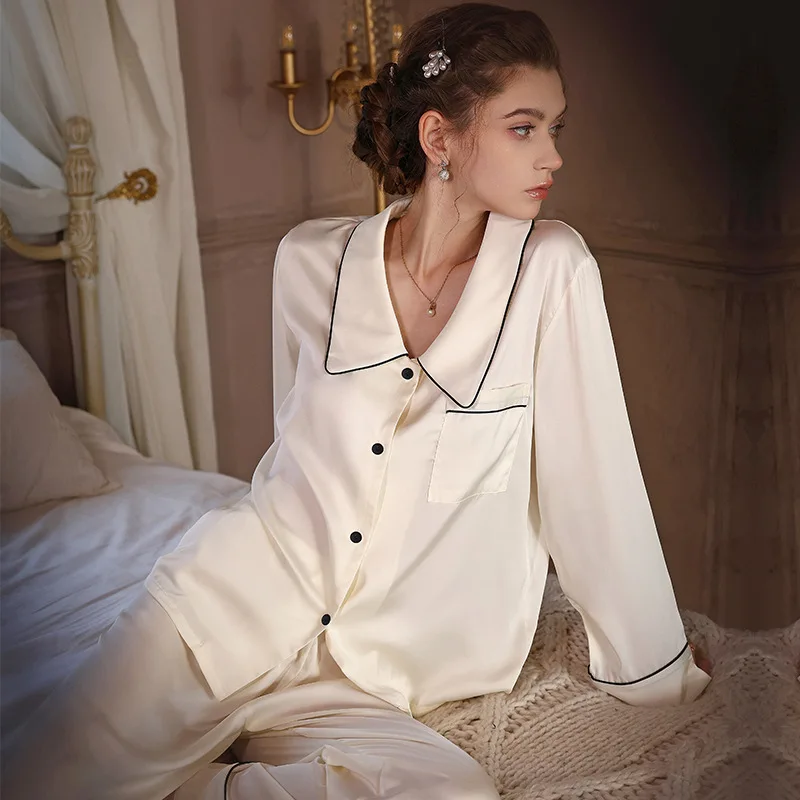 

Female Pajamas Set White Satin Long Sleeve Trouser Suits Pyjama Pour Femme Spring Summer Sleepwear Loose Home Clothes Loungewear