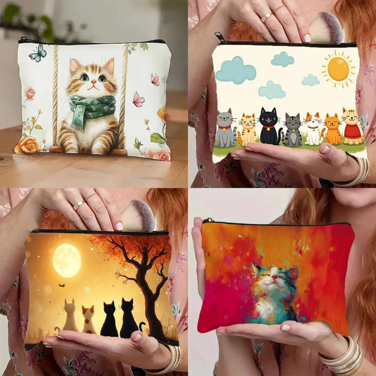 A Makeup Bag Featuring Happy Cat Whiskers Cosmetic Bag Lightweight Foldable Makeup Organizer with Zipper for Travel Storage Bag