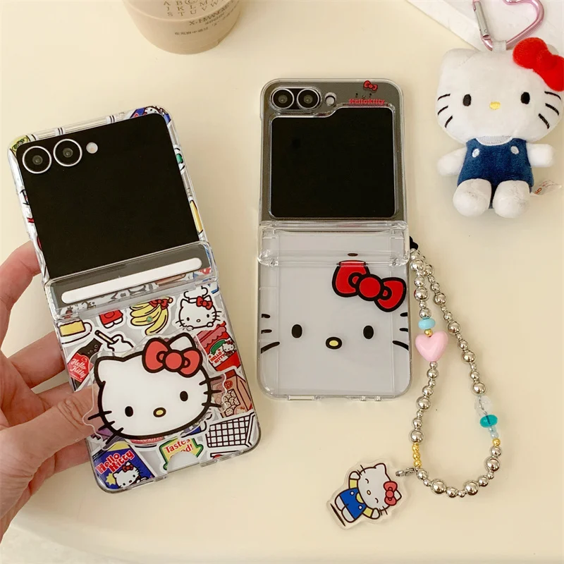 

Clear Cute Hellokitty Phone Case For Samsung Galaxy Z Flip 7 6 5 4 3 ZFlip6 Cover with Card Slot Chain Cartoon Hard Cases