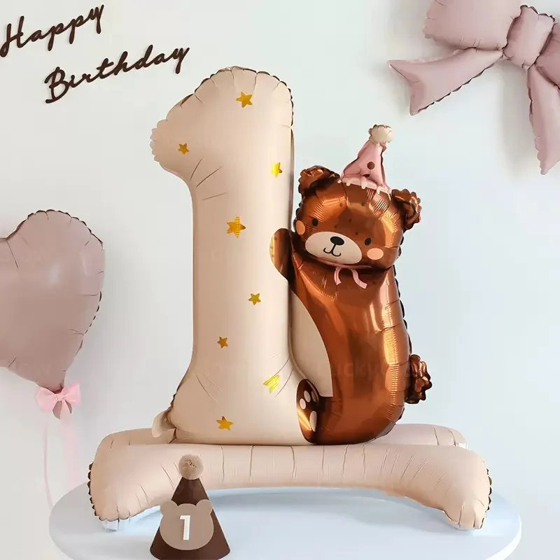 1. Geburtstag Bären-Ballon-Set Große Nummer 1 Bären-Folienballon mit Standfuß für Baby Mädchen Junge 1. Geburtstagsparty Dekoration – Detail 5