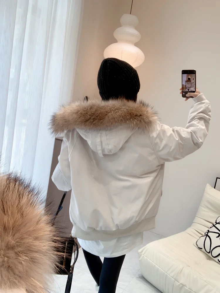Hooded Down Jacket For Women Winter 2025 New Real Fur Hair Collar Warm Bread Coat Women White Duck Down Jackets
