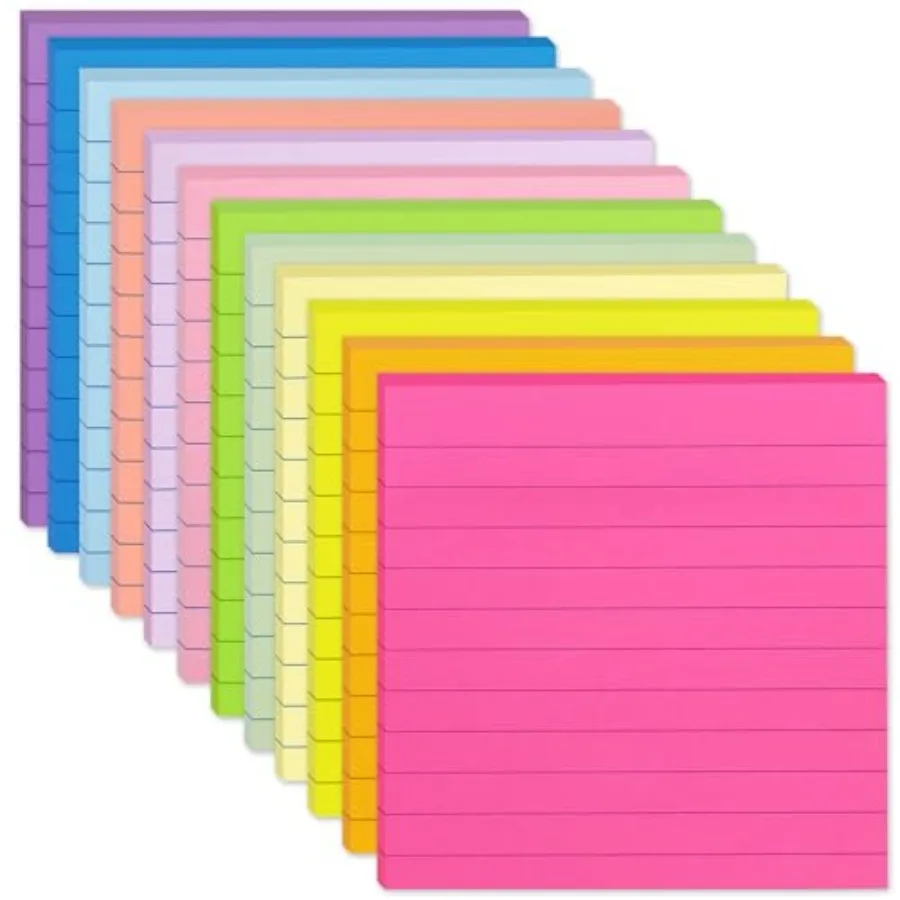 

12 Pack Lined Sticky Notes 4x4 in, 12 Colors Self Sticky Notes Pad Its Super Sticking Power Memo Pads, 4x4 Large Square Sticky