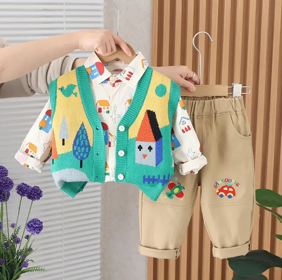 

Designer Baby Infant Outfits Spring Autumn Clothes for Kids Boys Cartoon Colorful Sweater Vest+Print Shirt+Pants Toddler Sets