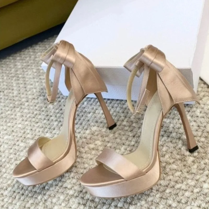

French Platform Bow High Heels Women's Summer New Stiletto Banquet One Word Buckle Sandals