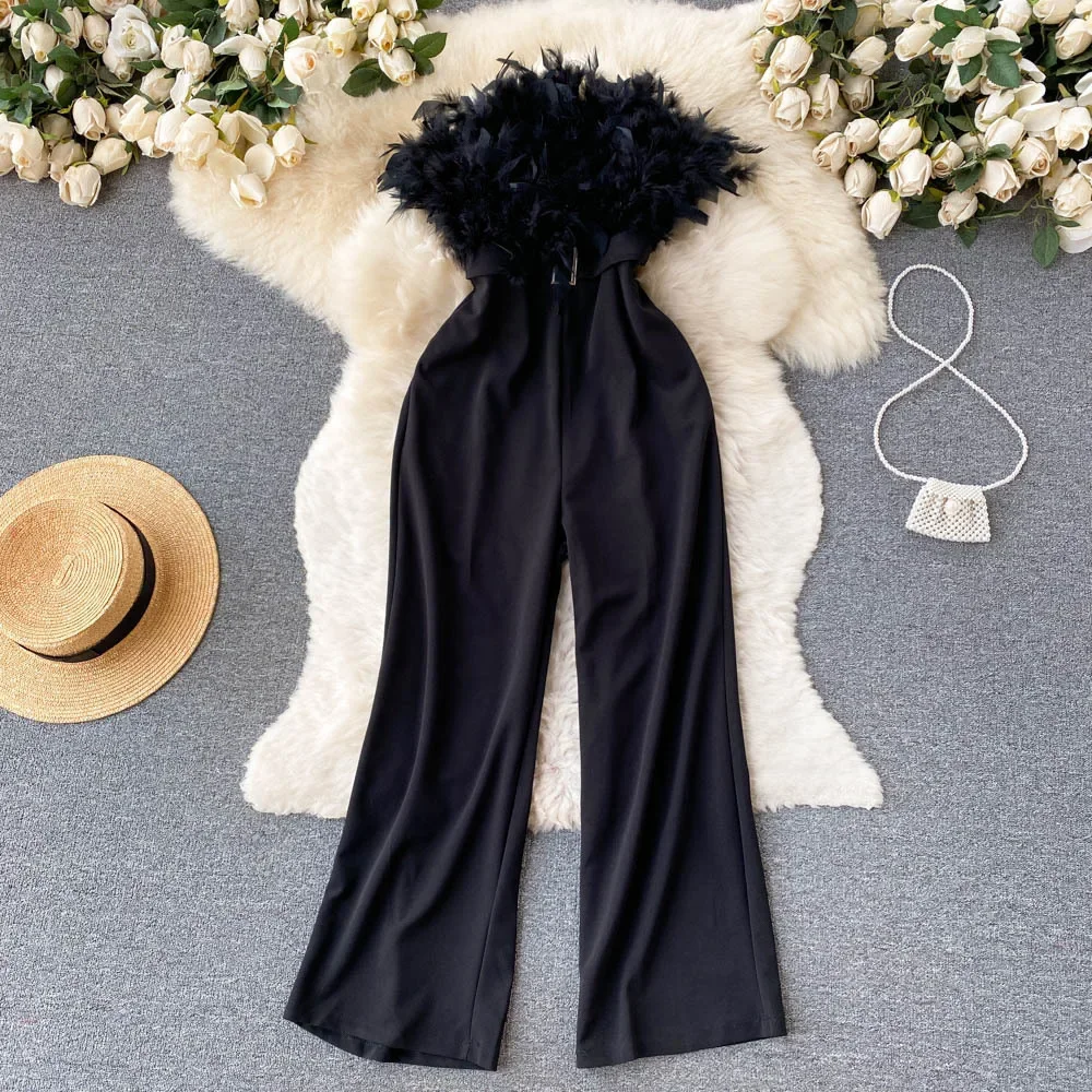 High-end Designer Clothing Feather Brassiere Jumpsuit Women Summer New Loose Wide Leg Straight Trousers Plus Size