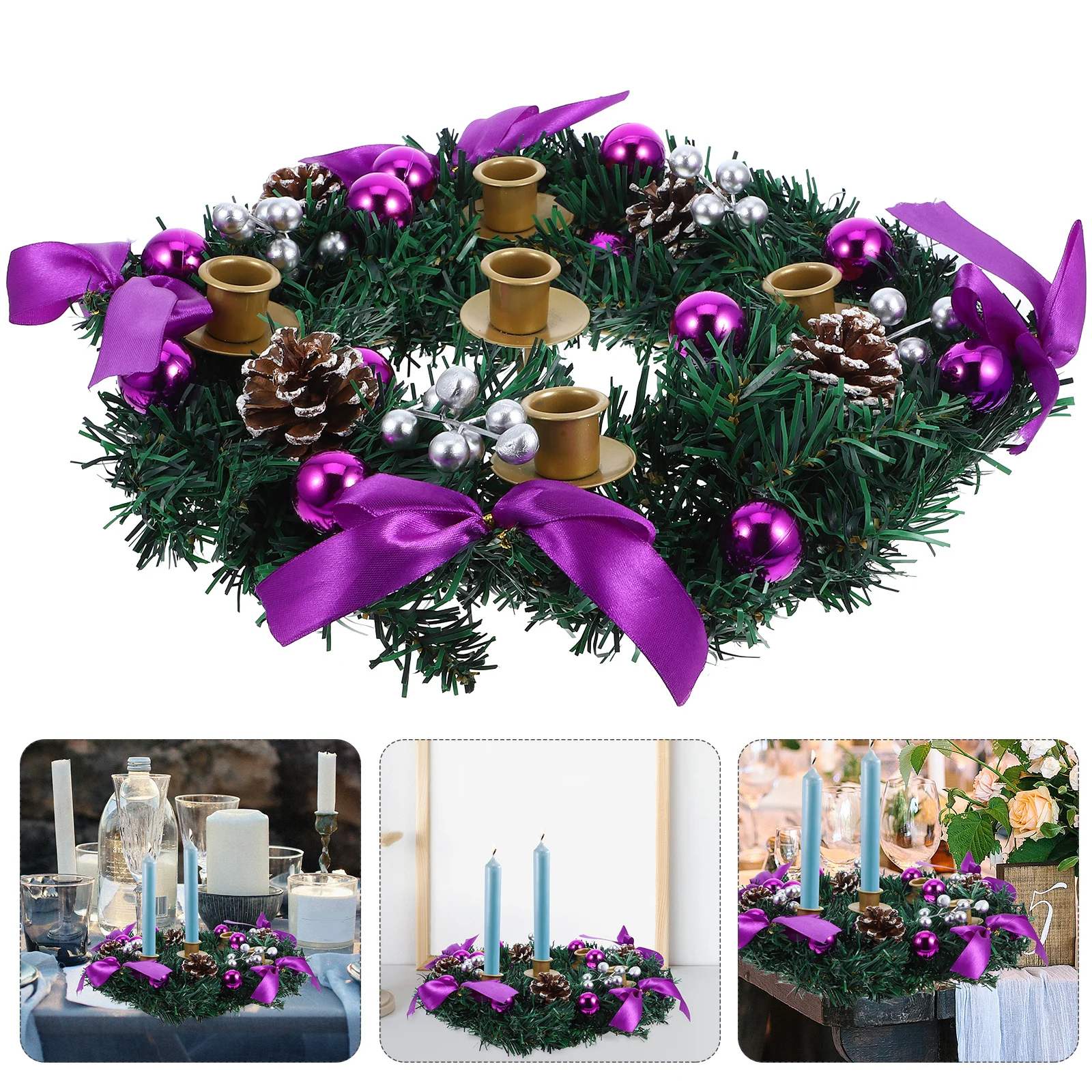 

Christmas Advent Wreath Candlestick 5 Cups Red Berry Pinecones Stable Base Holiday Table Centerpiece Pinecone Candlestick