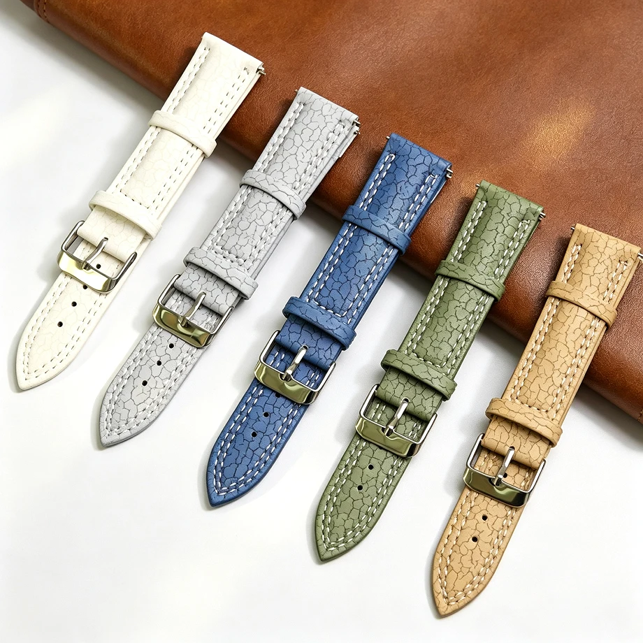 18/20/22mm Cracked Grain Leather Watch Strap Stainless Steel Buckle Replacement Wrist Band Multi‑Color Watch Accessories for Men