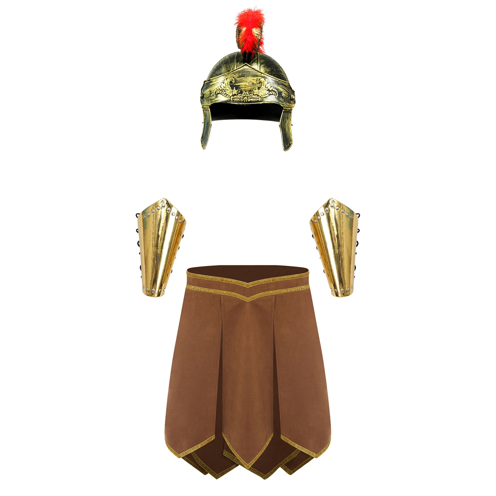 Men Roman Gladiator Spartan Warrior Knight Costume Faux Suede Armor Skirt with Crested Helmet Arm Guards for Halloween Carnival