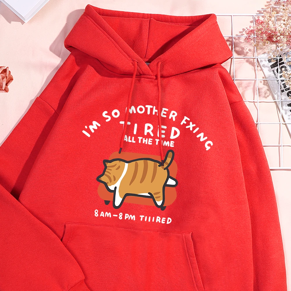 Sudadera holgada informal con capucha para mujer, suéter sencillo deportivo, ropa versátil Y2K, estampado blanco, gato naranja tumbado en el sofá