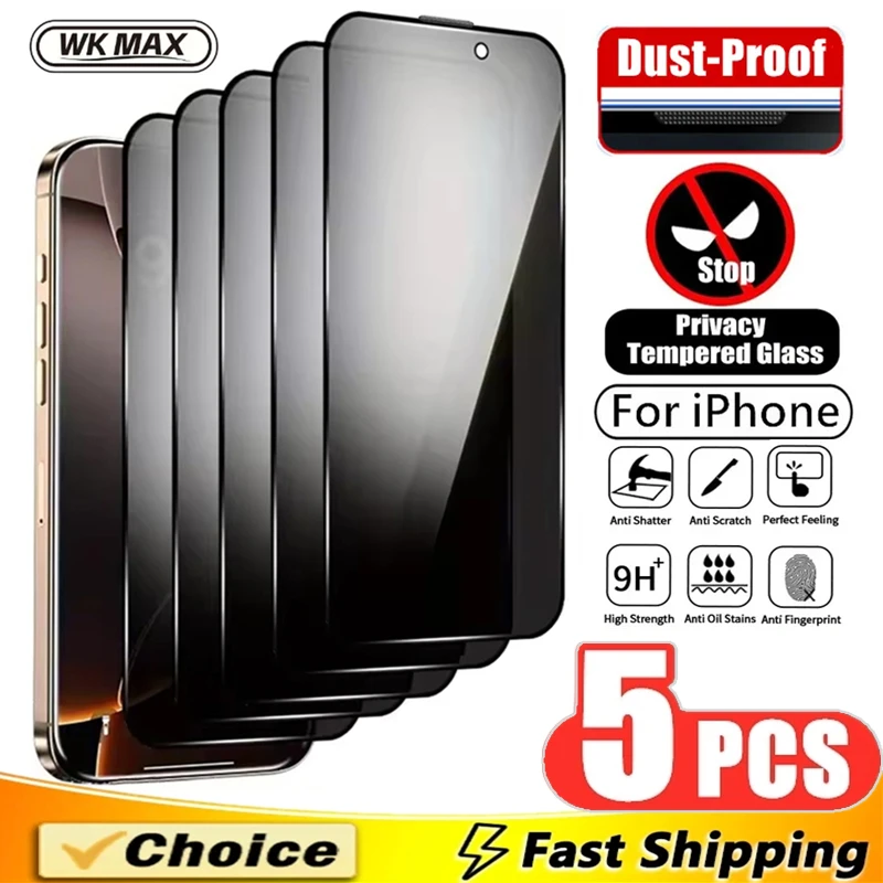 

5Pcs New Dust Proof Privacy Screen Protector For iPhone 16 15 14 13 12 11 17 Pro Max Anti-spy Glass For iPhone XR X XS 16 Plus