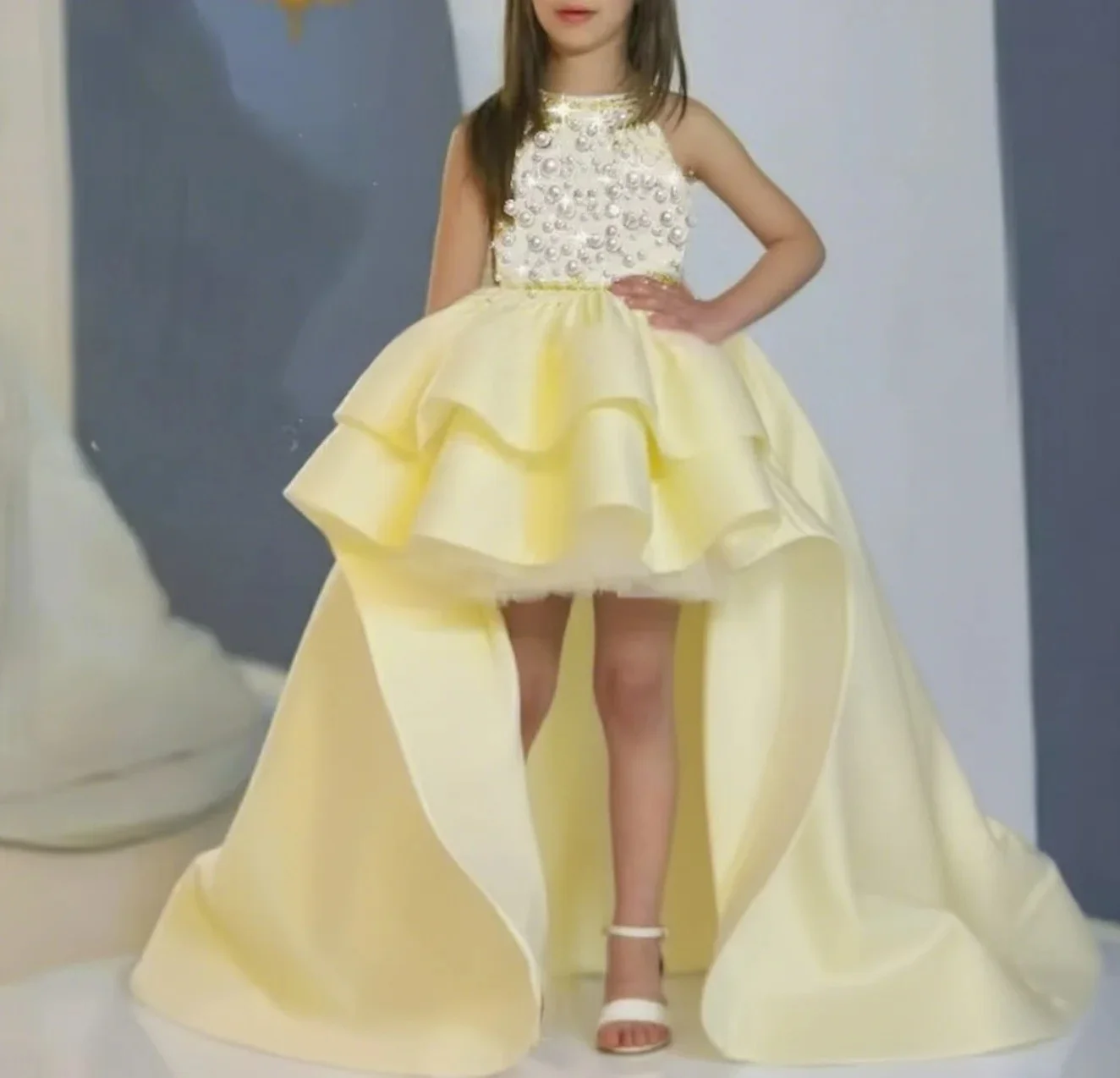Custom White Pearl Ruffled High Low Flower Girl Dress First Christmas Dress Wedding Party Gown for Girls فساتين اطفال
