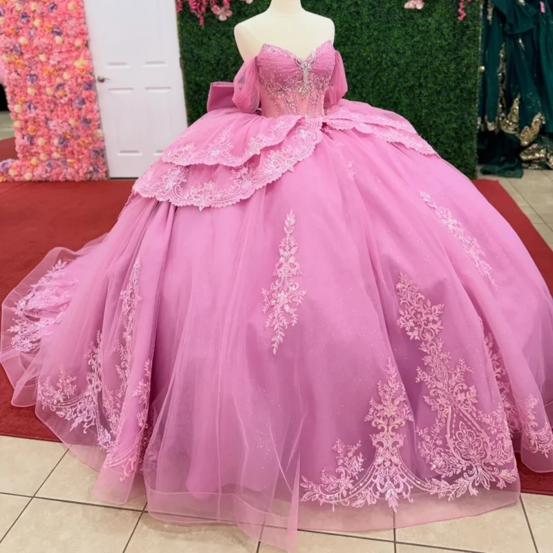 

Pink Quinceanera Dresses Off the Shoulder Glitter Crystal Decal Bow Layering Long tail Bow Vestidoe 15 Quinceanera Customize