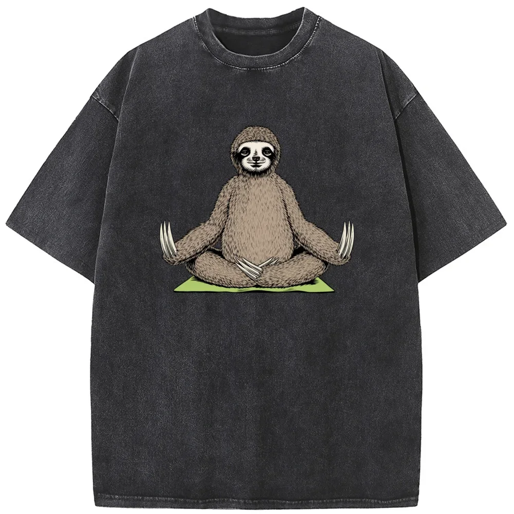 Casual Meditating Sloth Printed Men's T-Shirt Hip Hop Streetwear Men Washed T-shirts 90s vintage unisex washed old T-shirt