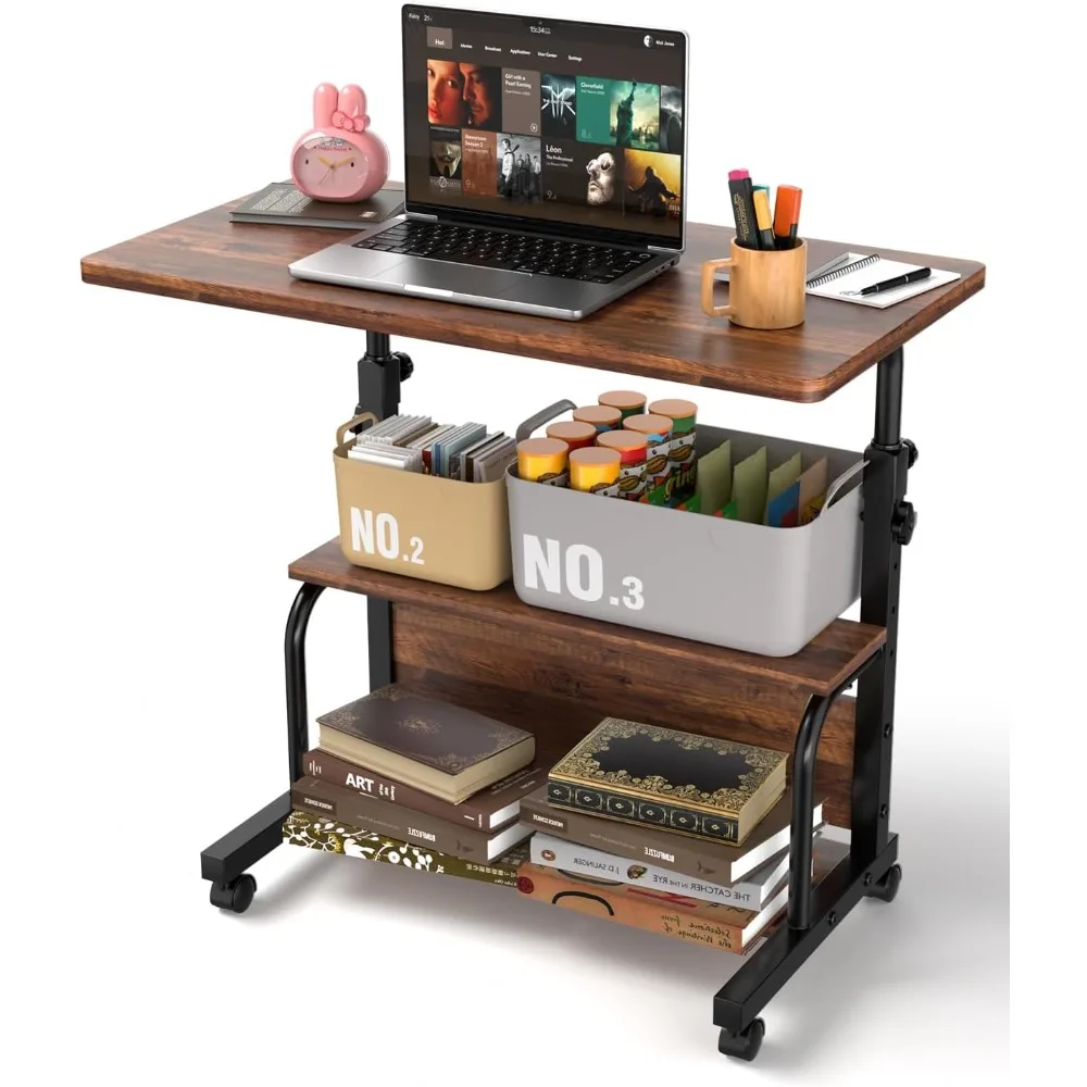 

Portable Rolling Desk on Wheels Adjustable Height Desks for Small Spaces, 32" Computer Desk with Storage Shelves for Home Office