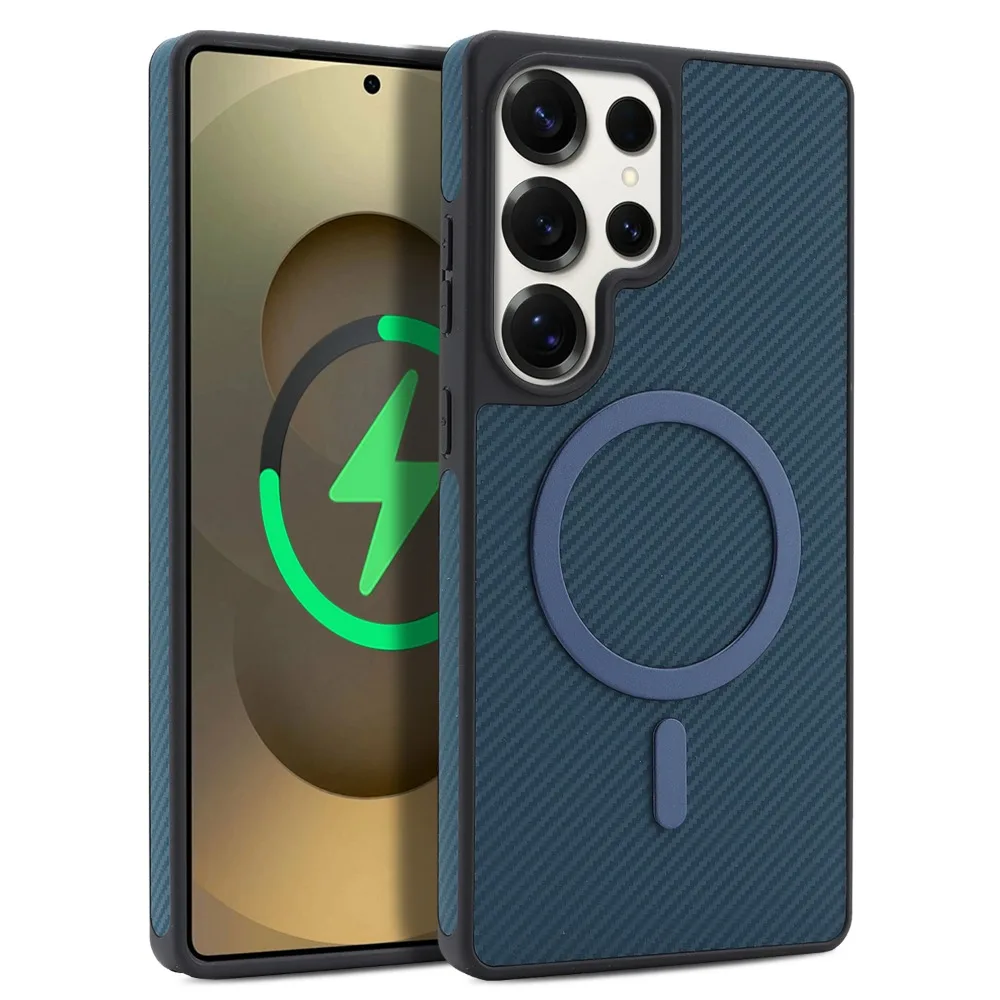 for Magsafe Magnetic Case for Samsung Galaxy S25 S24 S23 S22 Plus Ultra Shell Shockproof Carbon Fiber Texture Leather Back Cover