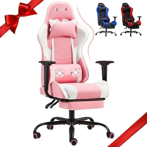 Pink-White Ergonomic PC Massage Gaming Chair | Reclining Racing PU Leather, Swivel Rocker, Headrest, Lumbar Pillow