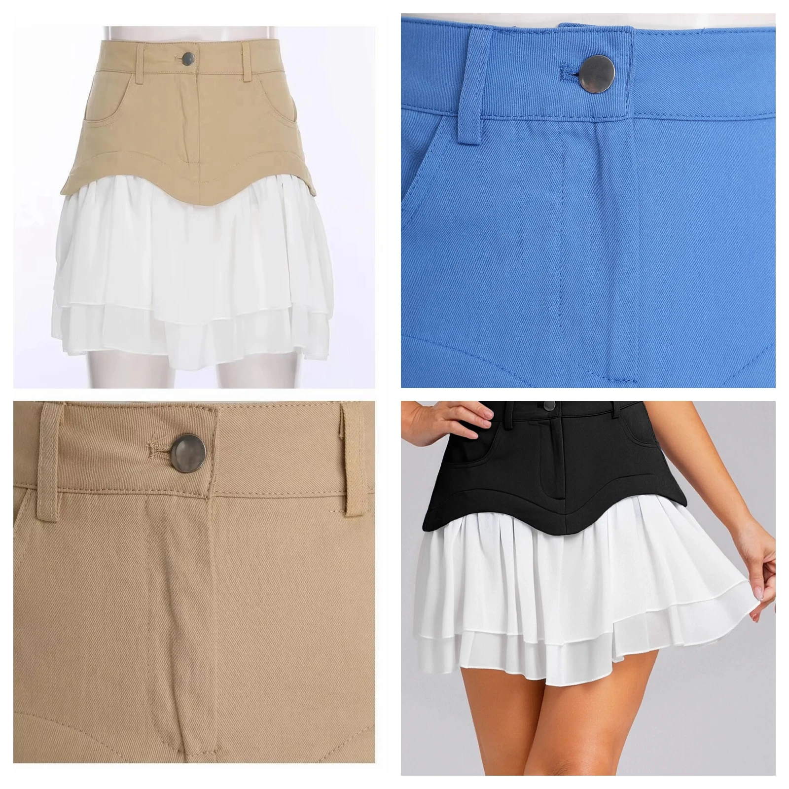 

Womens Skirts Stylish Contrast Color Mini Skirt Pleated Chiffon Hem Irregular Patchwork Skirt for Daily Casual Woman's Clothes