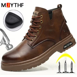 Waterproof Leather Boots Safety Shoes Men Steel Toe Boots Side Zipper Work Shoes Puncture-Proof Indestructible Shoes Protective