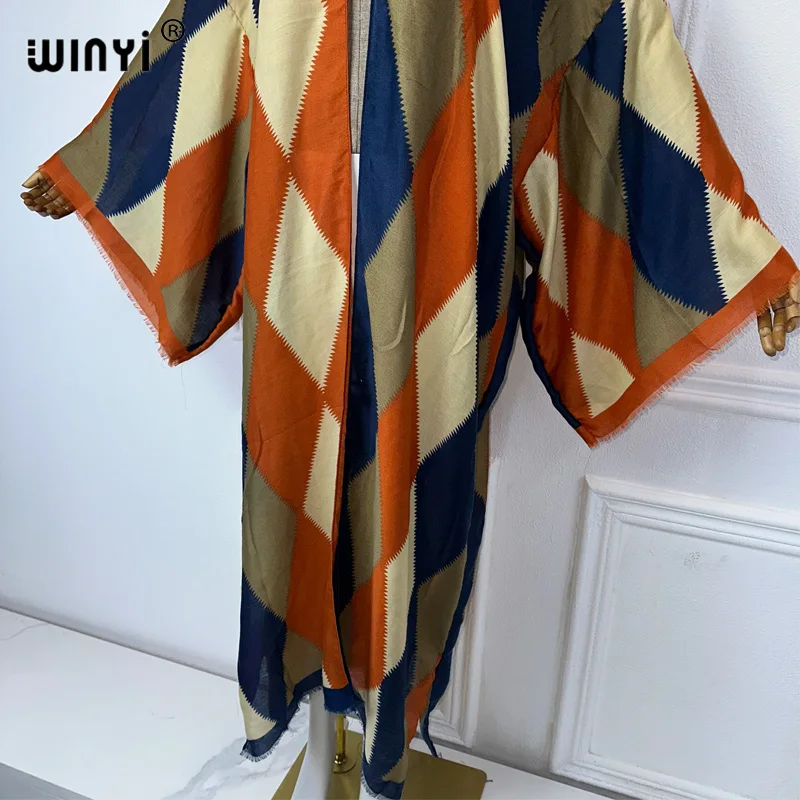 WINYI kimono nadruk geometryczny osłona do bikini elegancki strój plażowy dla kobiet seksowna bawełniana sukienka westidos para mujer kaftan