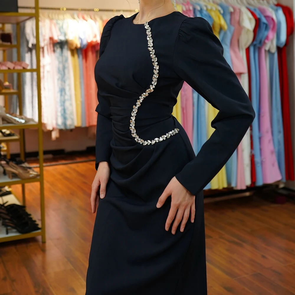 Personalizado a linha vestidos de noite tornozelo-comprimento o pescoço manga cheia vestido de baile moda cristal plissado simples drapeado vestido de festa