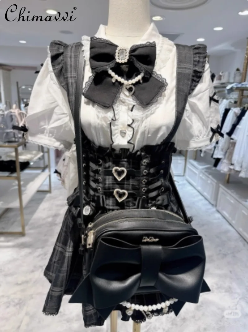

Liz Japanese Mass-produced Sweet Cute Lace Bow Ruffle Edge Removal Strap Skirt Lolita Cute Bow Shirt Girl Women Two-piece Set