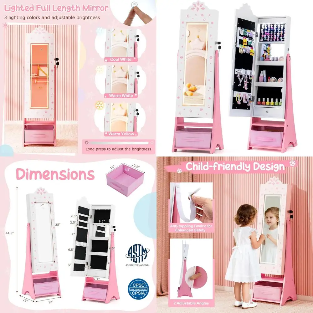 

Шкаф для украшений с LED-подсветкой, запираемый, с зеркалом в полный рост, выдвижными ящиками для хранения, для девочек (белый)