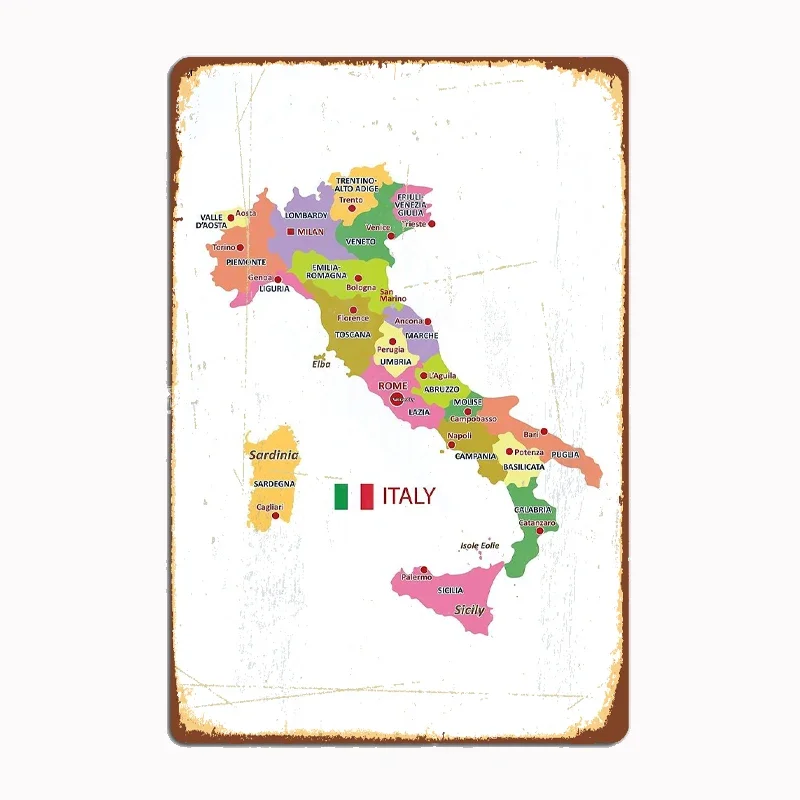 Italy Map with Regions and Main Cities Metal Sign Mural Painting Cinema Living Room