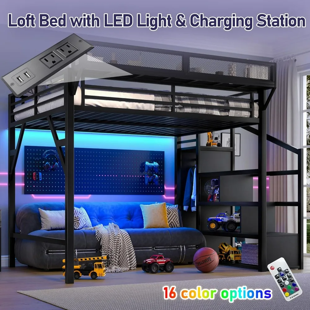 Estrutura de cama loft queen size de metal com escadas de armazenamento, prateleira lateral, guarda-roupa, portas USB e iluminação LED